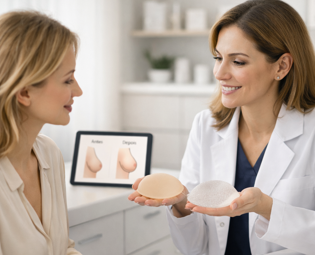 Consulta entre cirurgiã plástica e paciente, com apresentação de próteses mamárias numa clínica moderna.