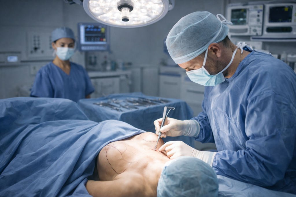 Cirurgião plástico a realizar procedimento em sala de operações, com paciente sob campos estéreis e equipa médica ao fundo