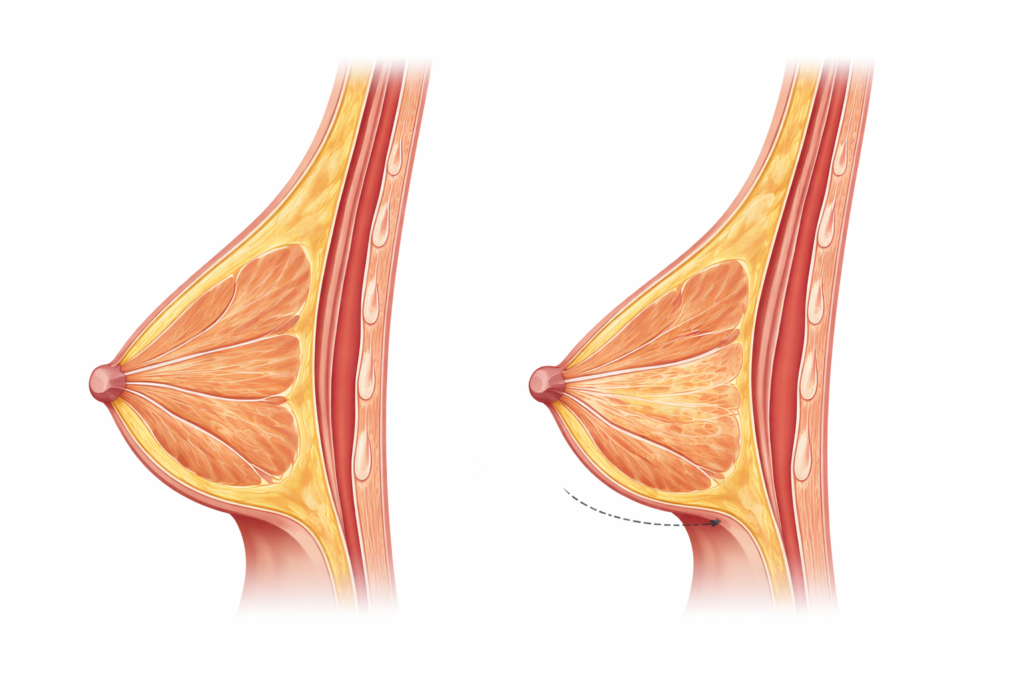 Ilustração médica comparativa entre mama normal e mama tuberosa