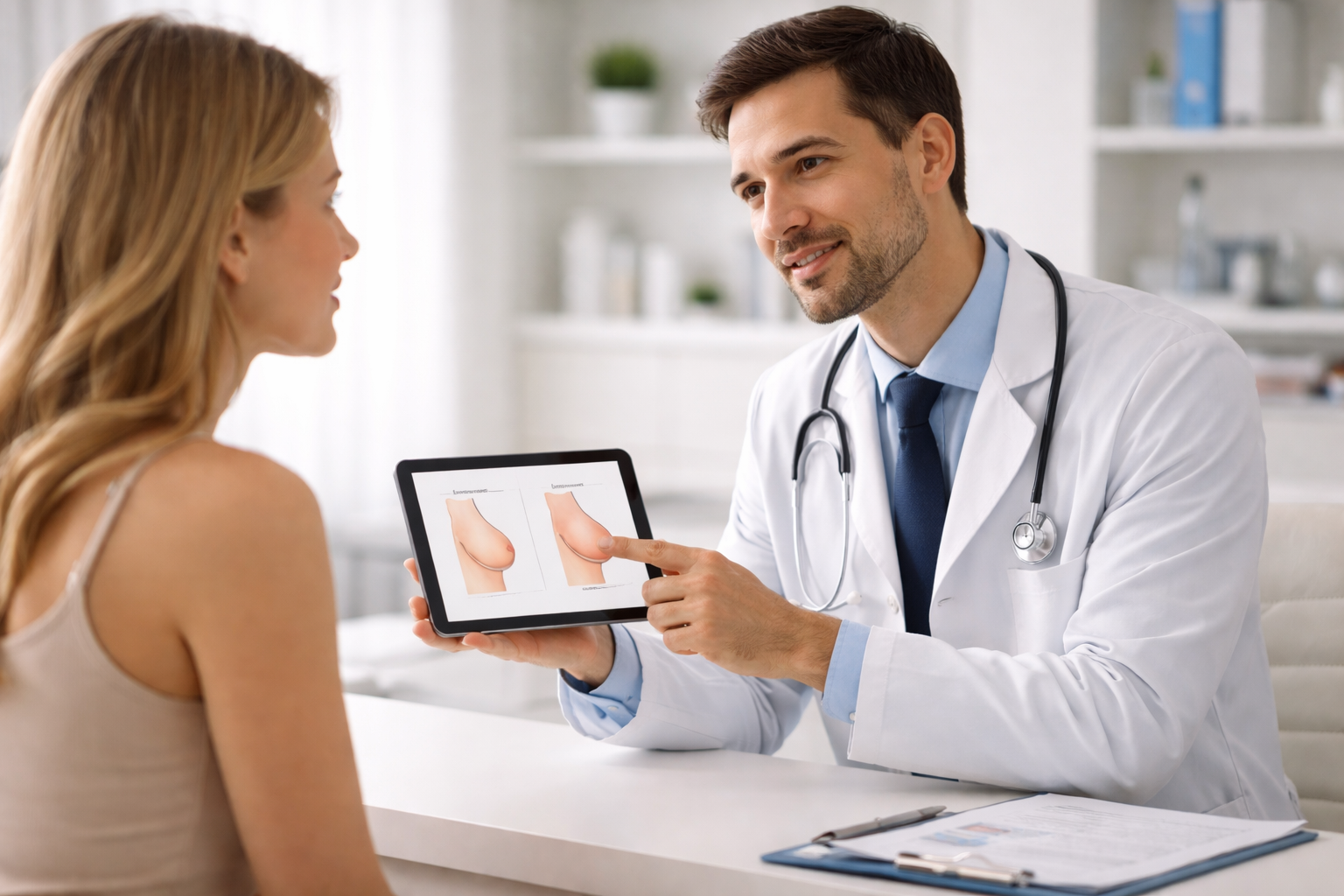 Cirurgião plástico em consulta a explicar opções de tratamento a uma paciente